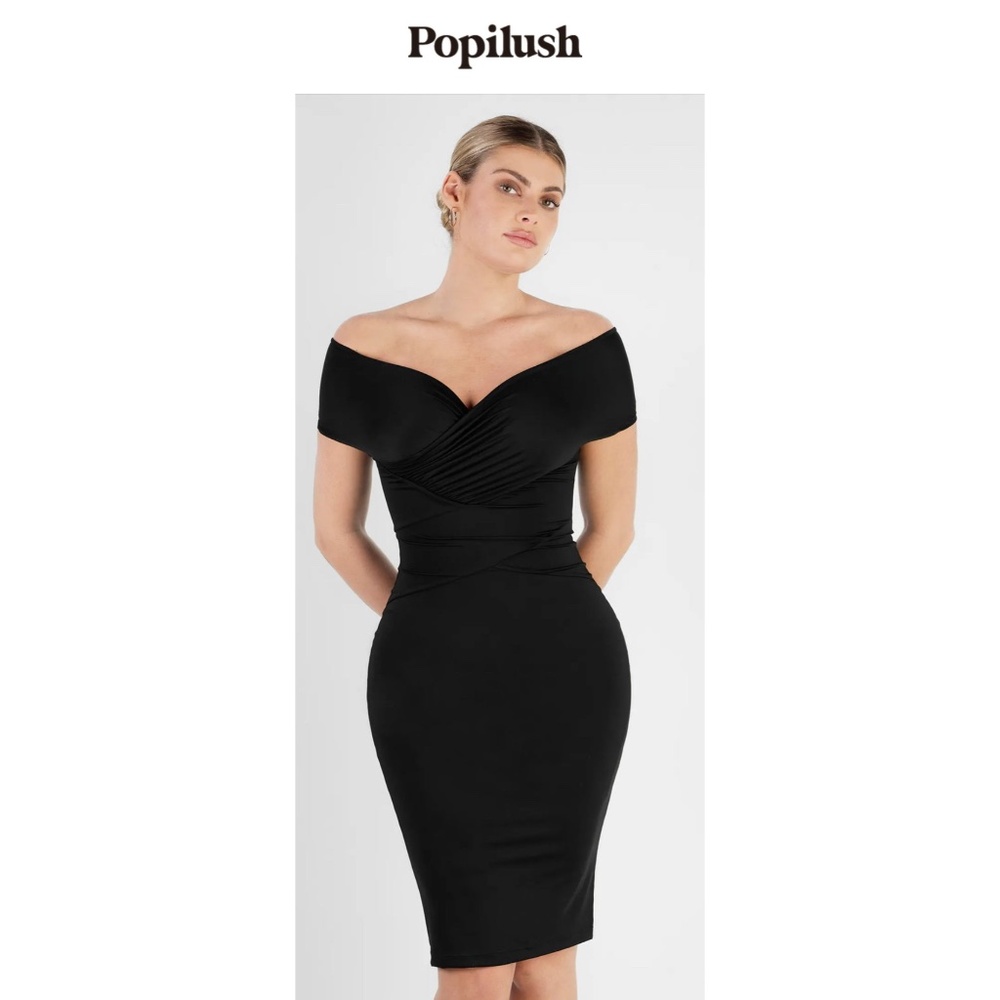 XL Shapewear Ruched Off-Shoulder Sculpting Midi Dress
